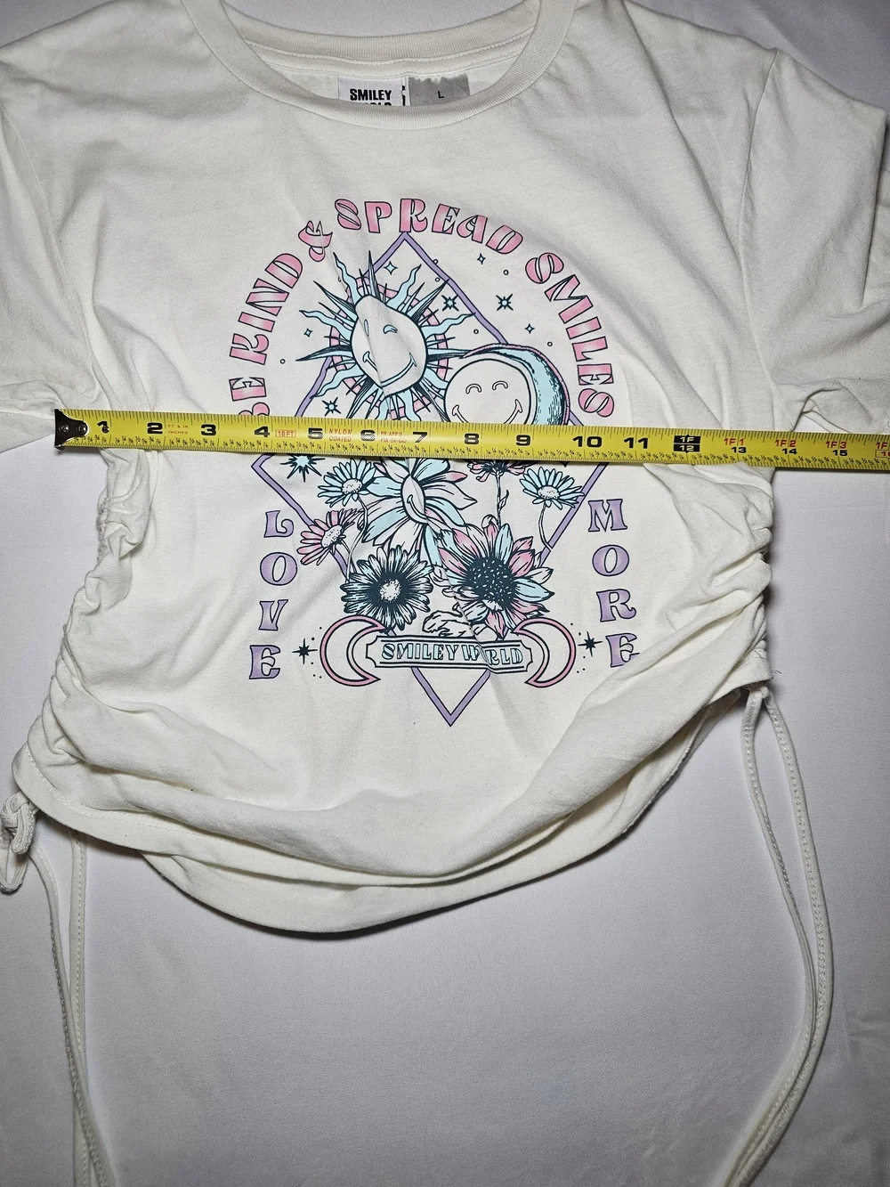 Smiley World Ruched Baby Tee Kids Large Pastel Graphic Crop Top Y2K Fairycore